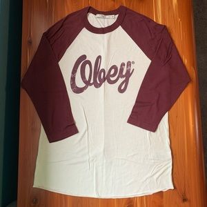Obey maroon and white 3/4 sleeve baseball T-shirt
